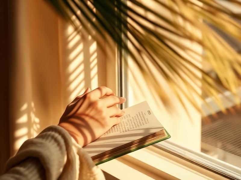 Hands journaling by a sunlit window with Maldivian palm shadows — NLP coaching reflection with Lubna Zahir
