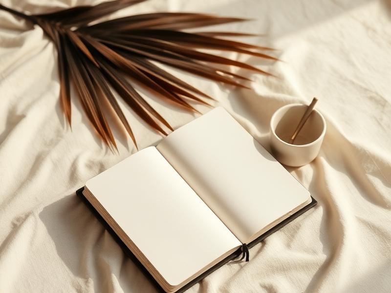 Open journal, ceramic cup and dried palm leaf on warm linen — personal growth essays by Maldivian NLP coach Lubna Zahir